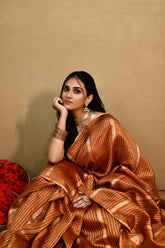 'Sunehri' Copper Mustard Brown Pure Katan silk Kadhua Banarasi Handloom Saree